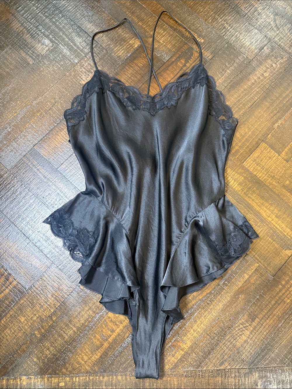 Vintage 90s Fantasies by Morgan Taylor 100% Silk Black Lace Teddy M